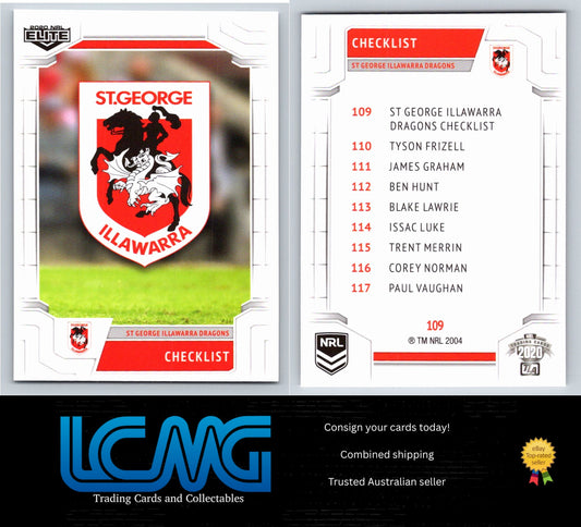 Card #  109 St. George-Illawarra Dragons Checklist  2020 NRL Elite