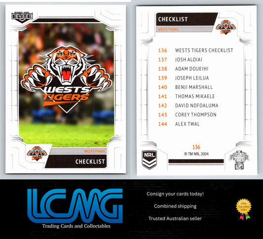 Card #  136 Wests Tigers Checklist  2020 NRL Elite