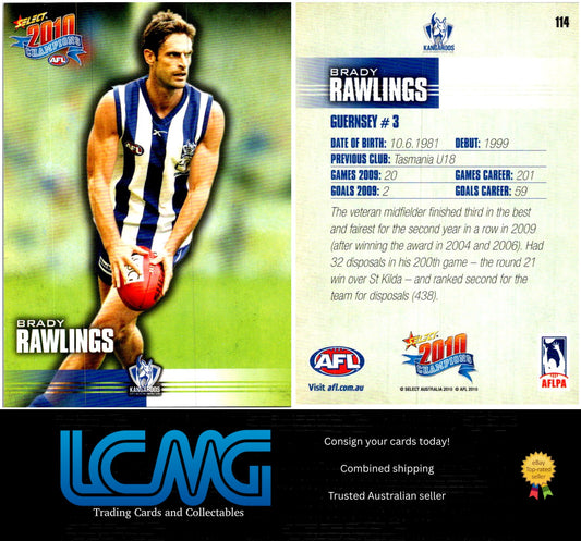 Card #  114 Brady Rawlings  2010 AFL Champions