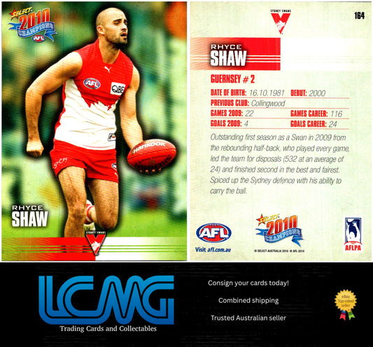 Card # 164 Rhyce Shaw  2010 AFL Champions