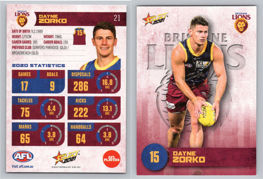 Card #  FS 21 D. ZORKO AFL 2021 Footy Stars BRISBANE LIONS