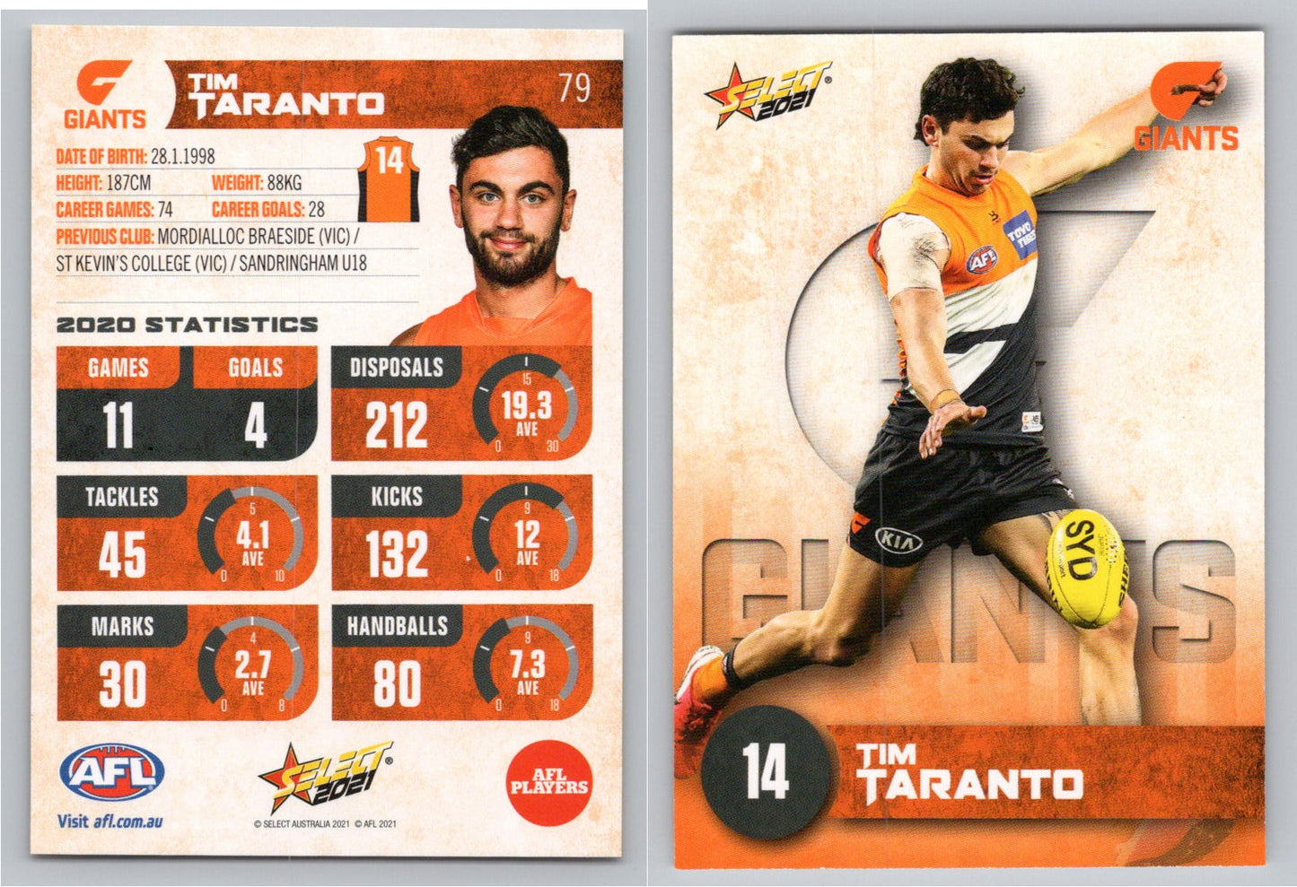 Card #  FS 79 T. TARANTO AFL 2021 Footy Stars GIANTS