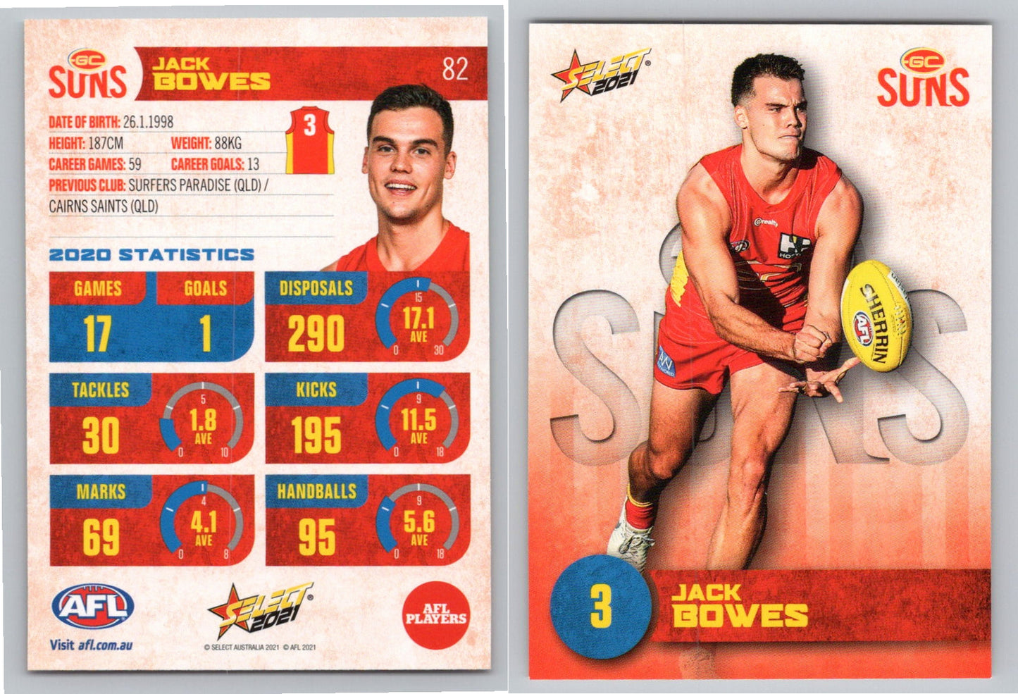 Card #  FS 82 J. BOWES AFL 2021 Footy Stars GOLD COAST SUNS