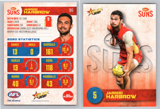 Card #  FS 86 J. HARBROW AFL 2021 Footy Stars GOLD COAST SUNS
