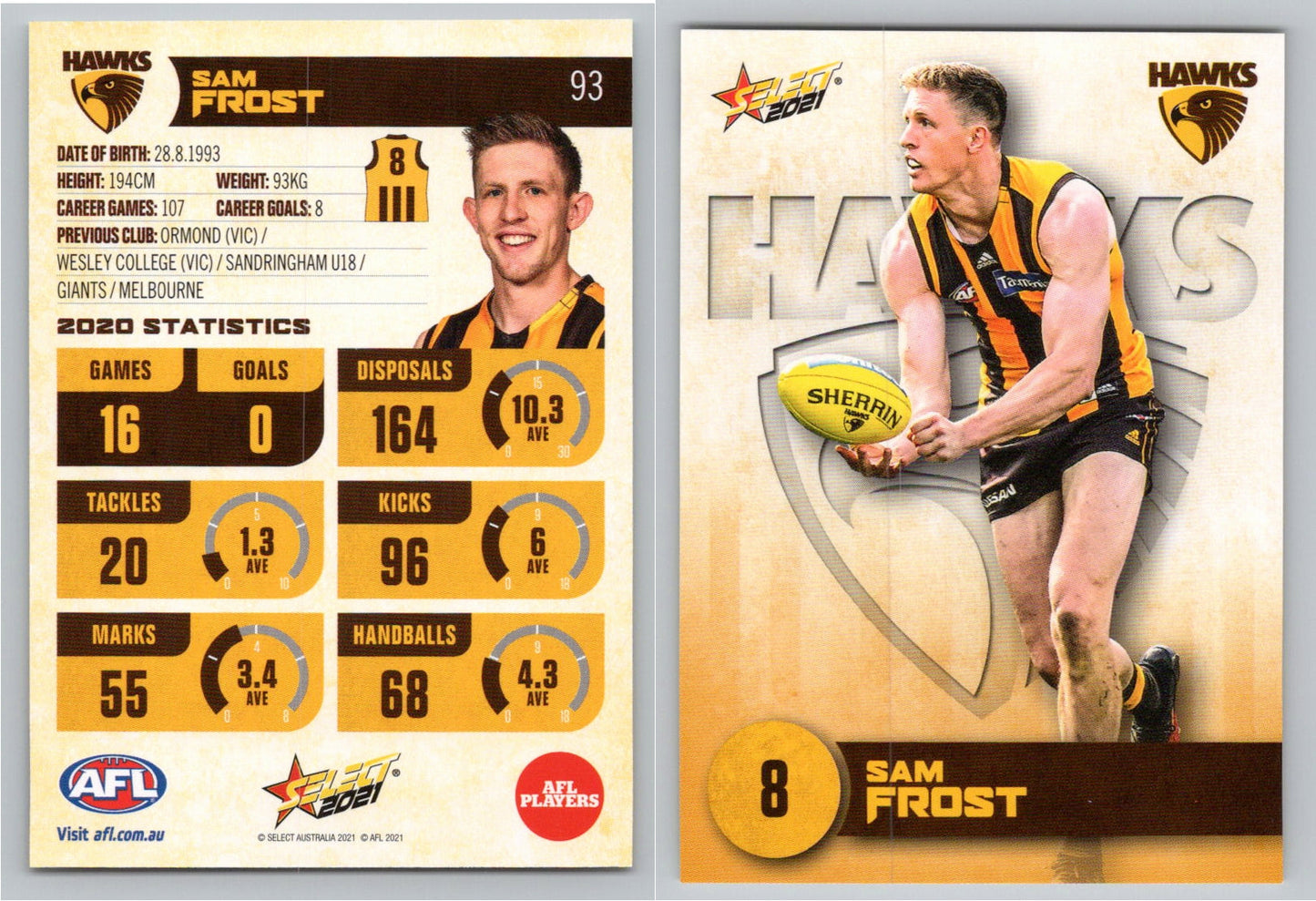 Card #  FS 93 S. FROST AFL 2021 Footy Stars HAWTHORN