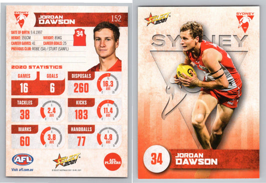Card #  FS 152 J. DAWSON AFL 2021 Footy Stars SYDNEY SWANS