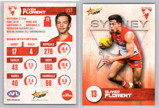 Card #  FS 153 O. FLORENT AFL 2021 Footy Stars SYDNEY SWANS