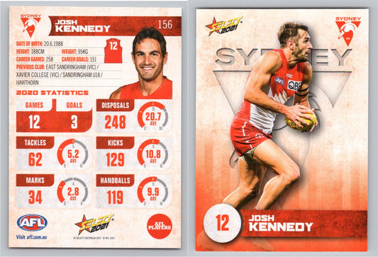Card #  FS 156 J. KENNEDY AFL 2021 Footy Stars SYDNEY SWANS