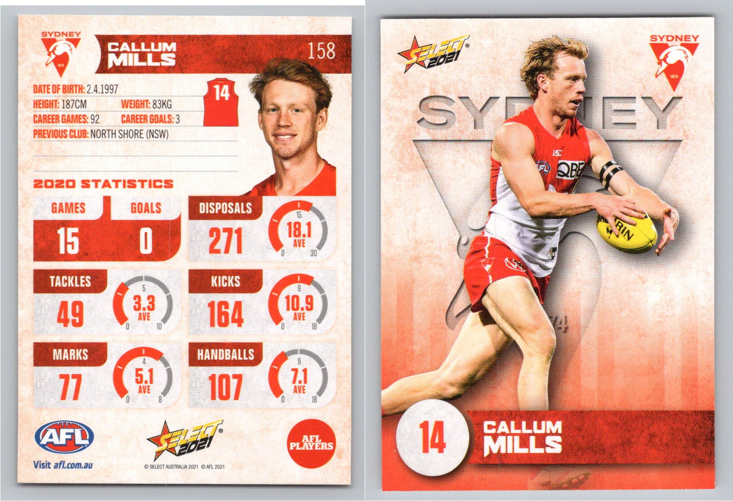 Card #  FS 158 C. MILLS AFL 2021 Footy Stars SYDNEY SWANS