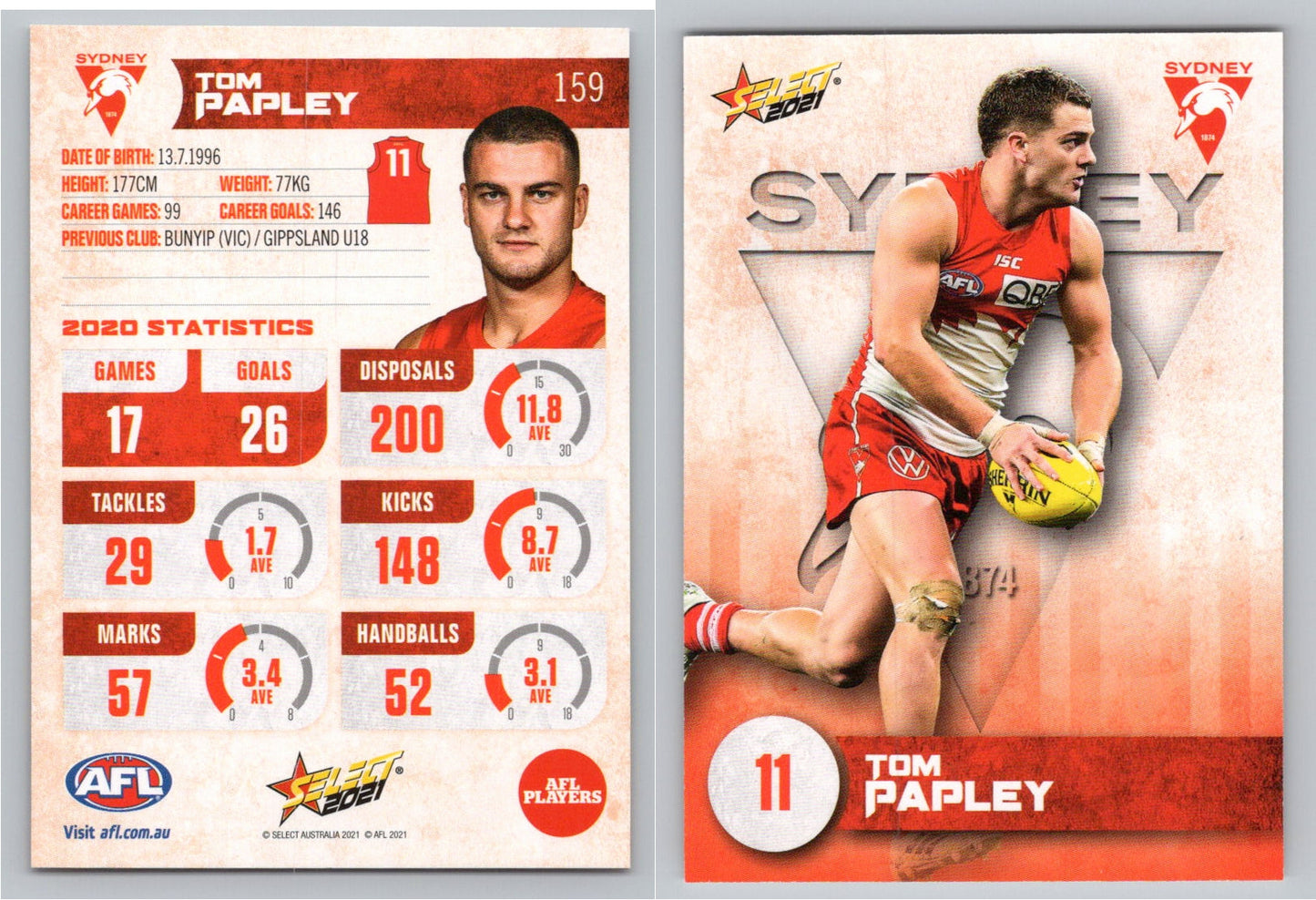 Card #  FS 159 T. PAPLEY AFL 2021 Footy Stars SYDNEY SWANS