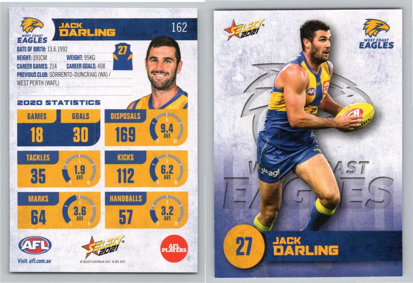 Card #  FS 162 J. DARLING AFL 2021 Footy Stars WEST COAST EAGLES