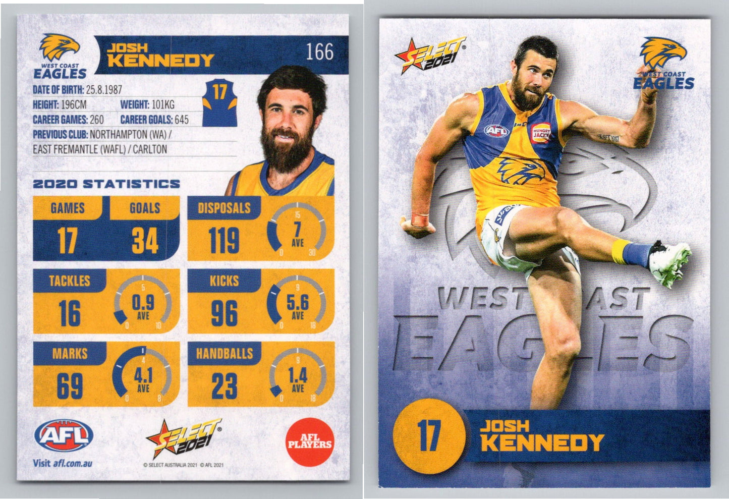 Card #  FS 166 J. KENNEDY AFL 2021 Footy Stars WEST COAST EAGLES