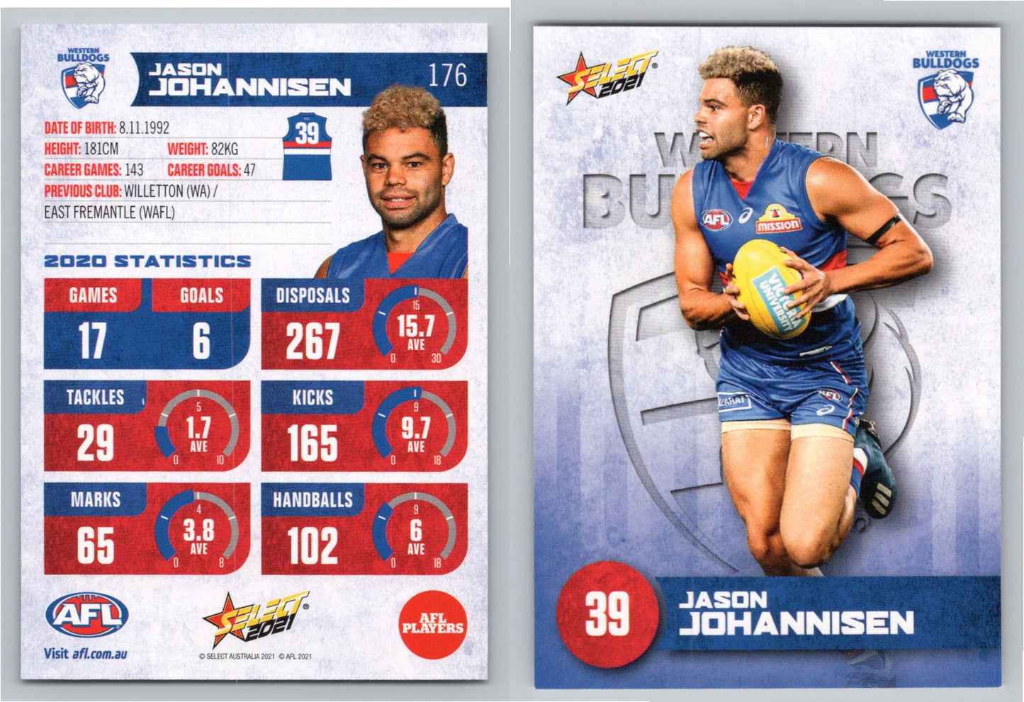 Card #  FS 176 J. JOHANNISEN AFL 2021 Footy Stars WESTERN BULLDOGS