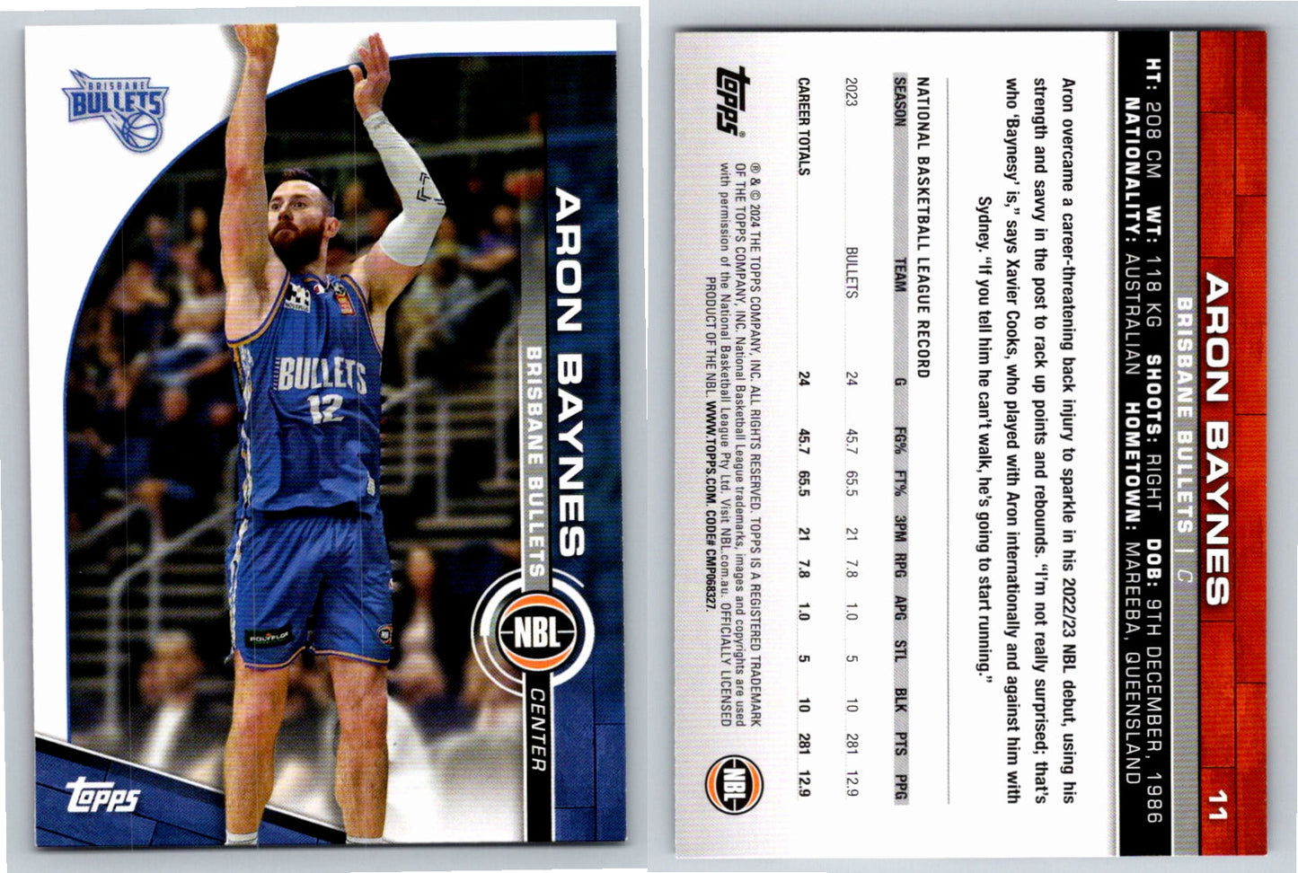 Card # 11 Aron Baynes Brisbane Bullets NBL Topps 2023 2024