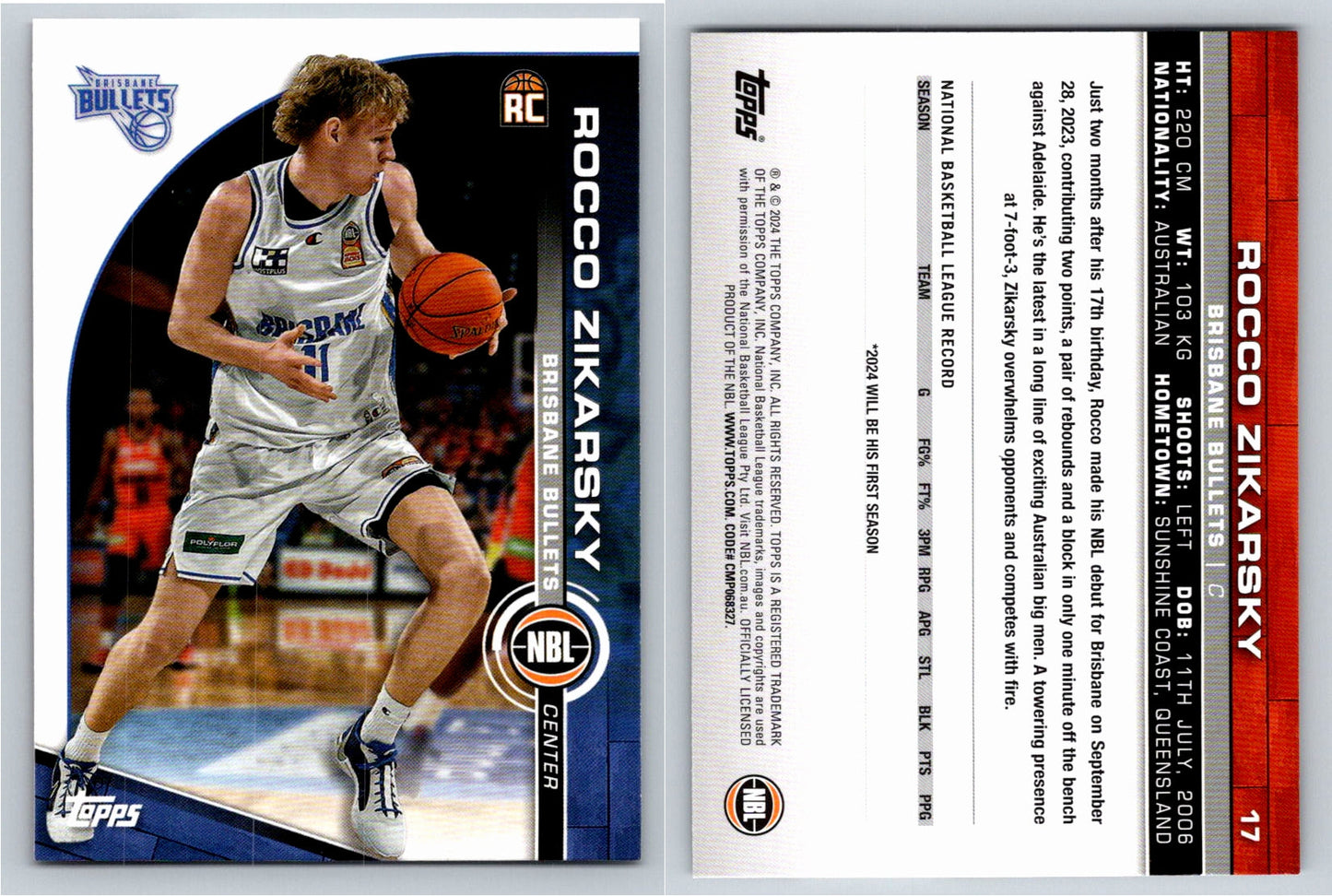 Card # 17 Rocco Zikarsky Brisbane Bullets NBL Topps 2023 2024