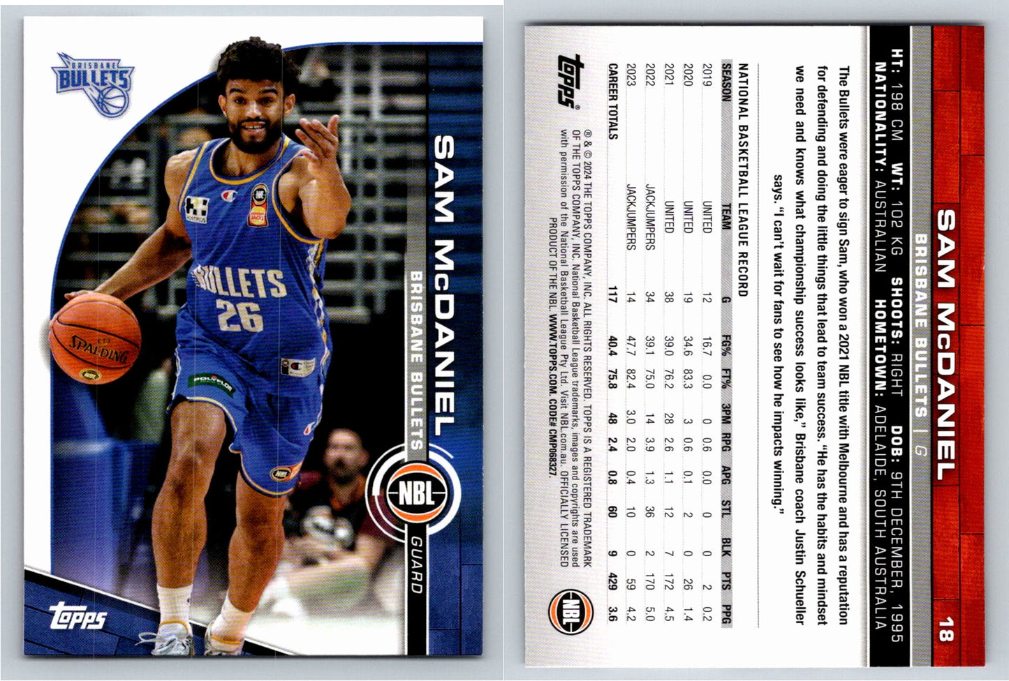 Card # 18 Sam McDaniel Brisbane Bullets NBL Topps 2023 2024