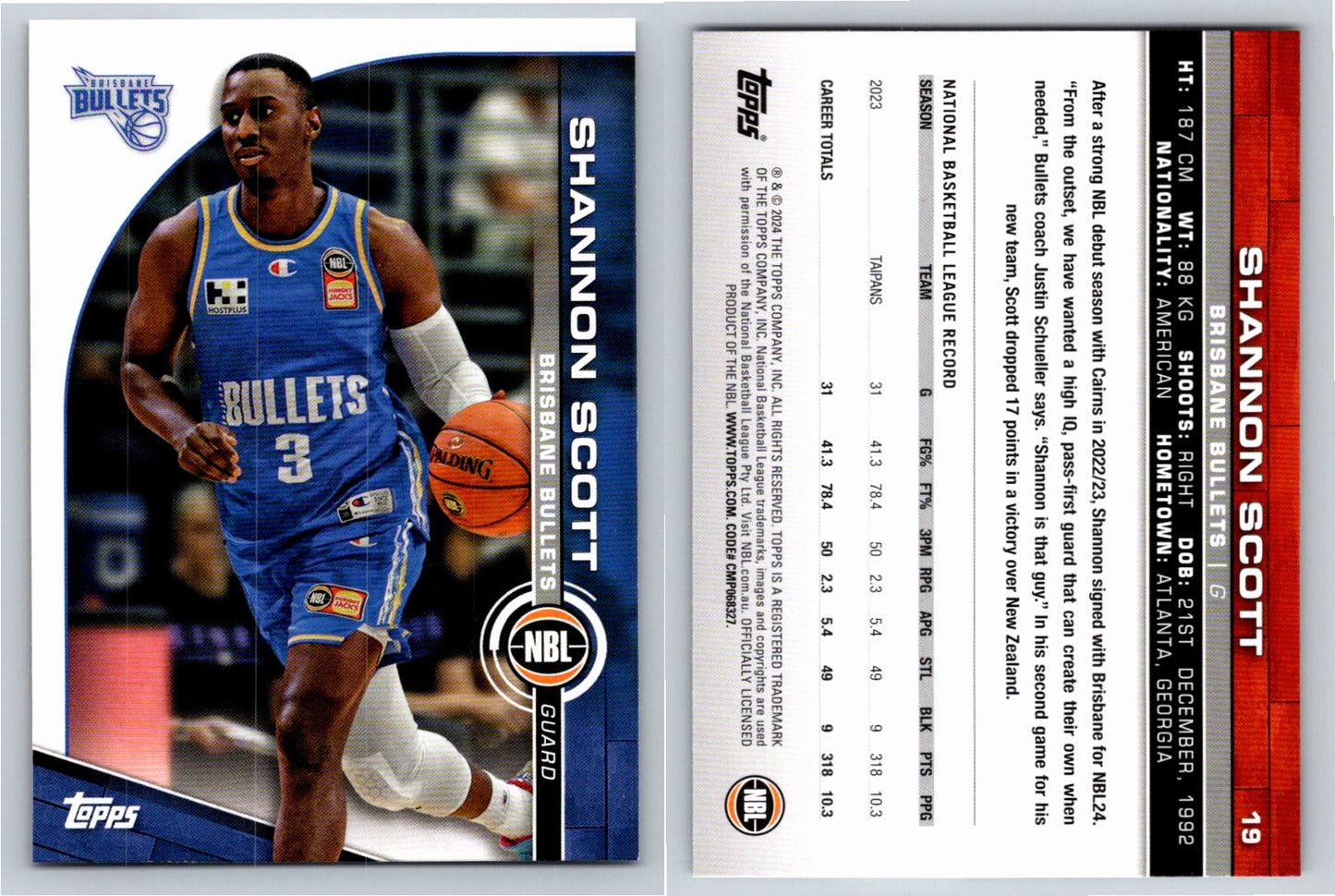 Card # 19 Shannon Scott Brisbane Bullets NBL Topps 2023 2024