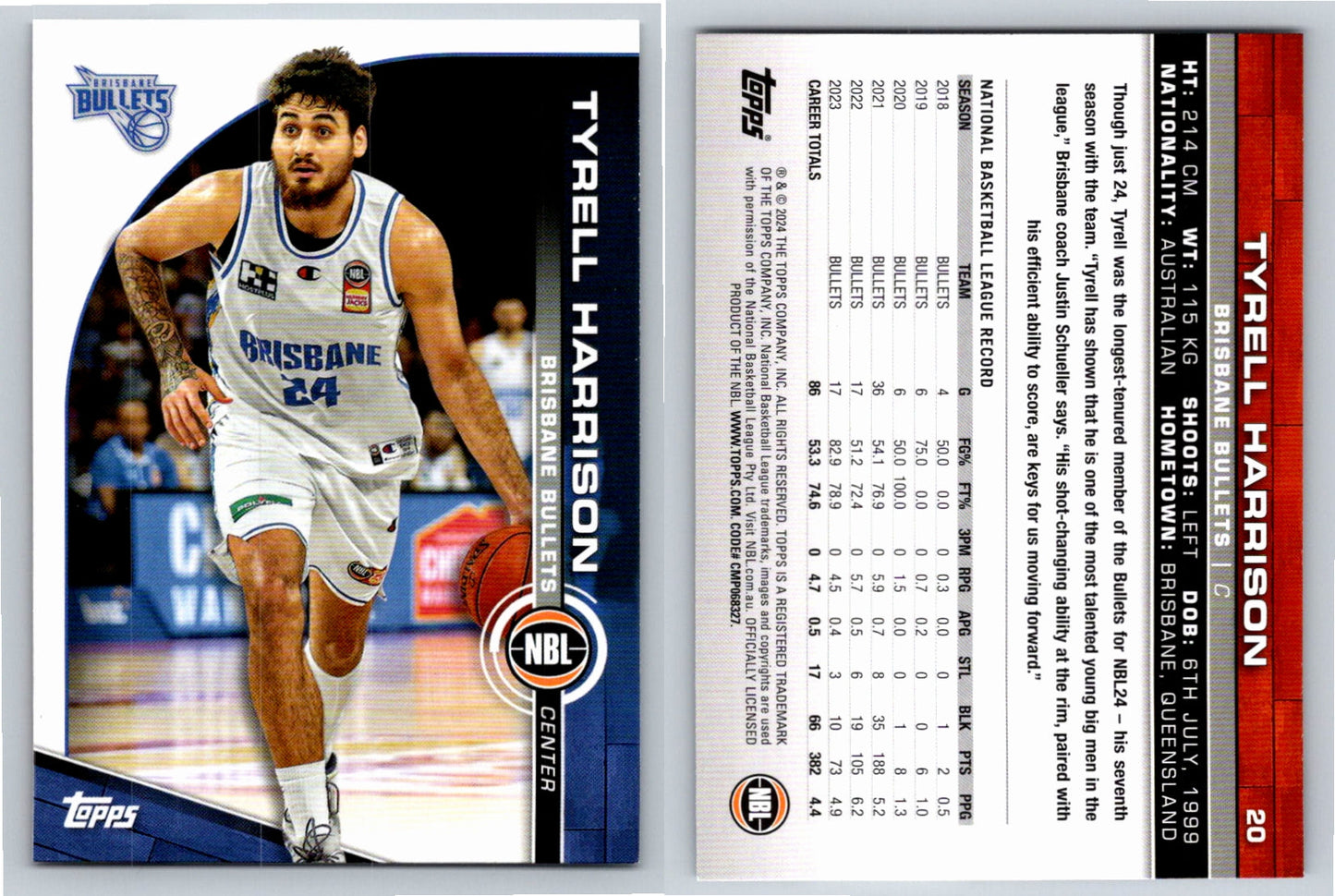 Card # 20 Tyrell Harrison Brisbane Bullets NBL Topps 2023 2024