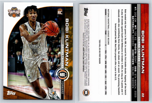 Card # 22 Bobi Klintman Cairns Taipans NBL Topps 2023 2024 Rookie