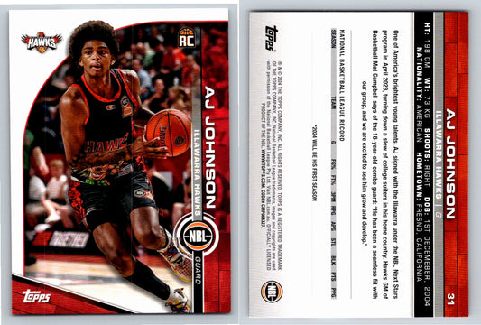Card # 31 AJ Johnson Illawarra Hawks NBL Topps 2023 2024 Rookie