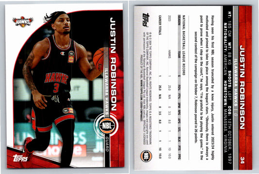 Card # 34 Justin Robinson Illawarra Hawks NBL Topps 2023 2024