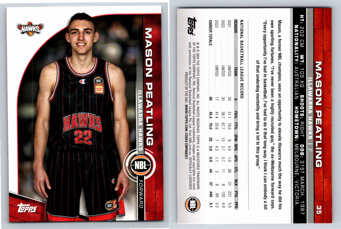 Card # 35 Mason Peatling Illawarra Hawks NBL Topps 2023 2024