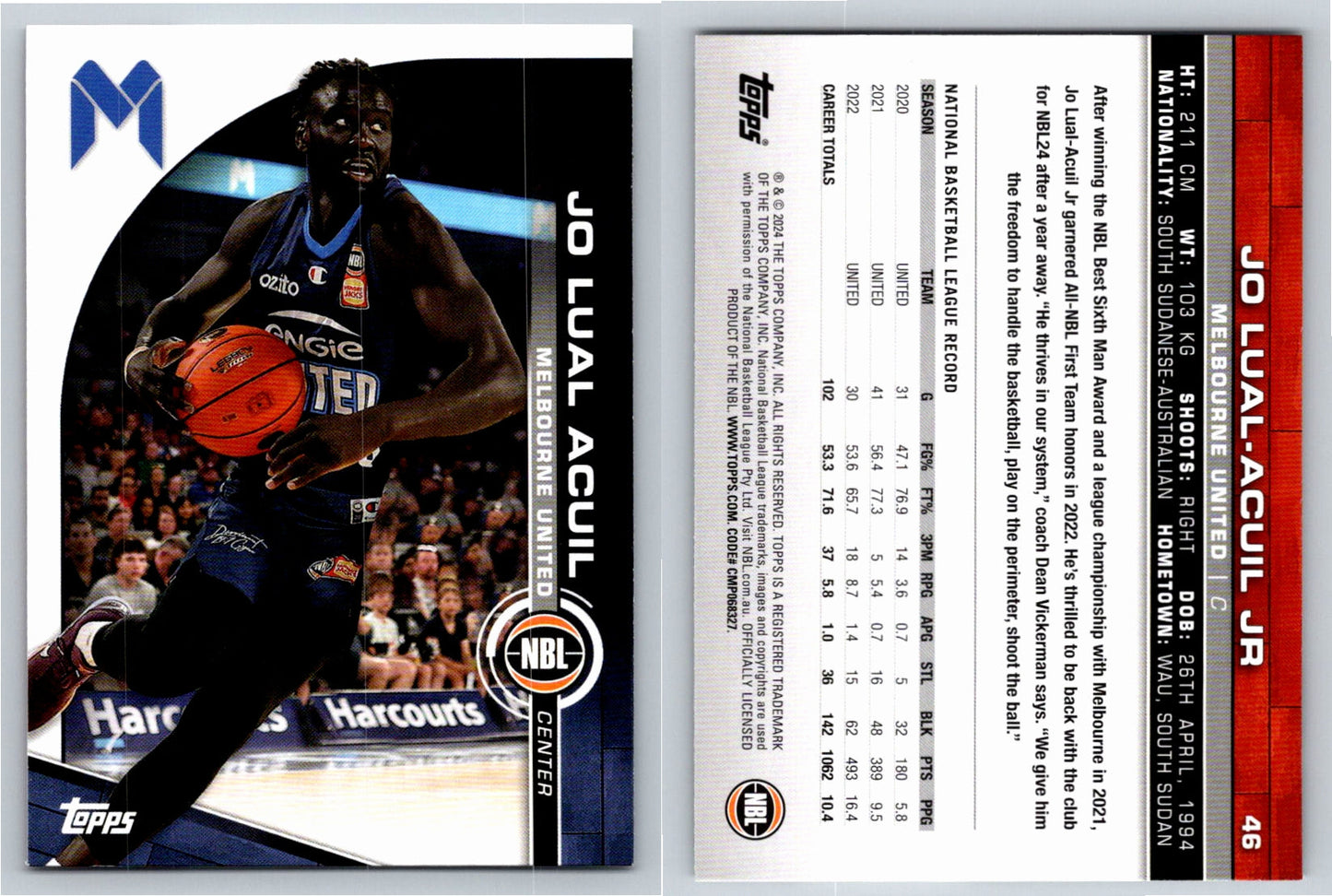 Card # 46 Jo Lual-Acuil JR Melbourne United NBL Topps 2023 2024