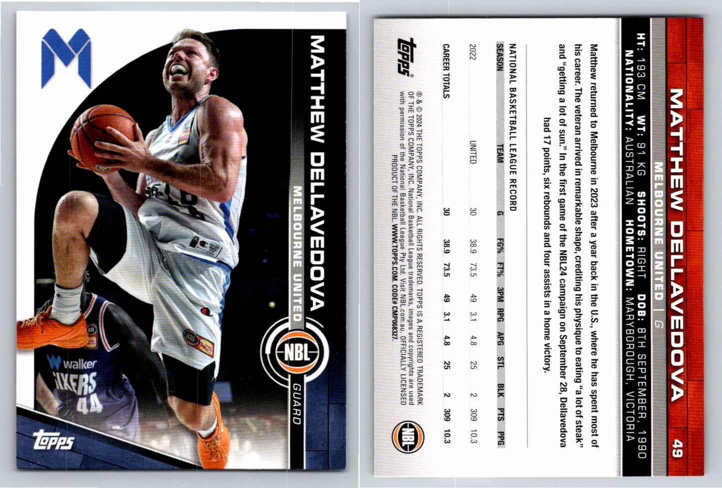 Card # 49 Matthew Dellavedova Melbourne United NBL Topps 2023 2024