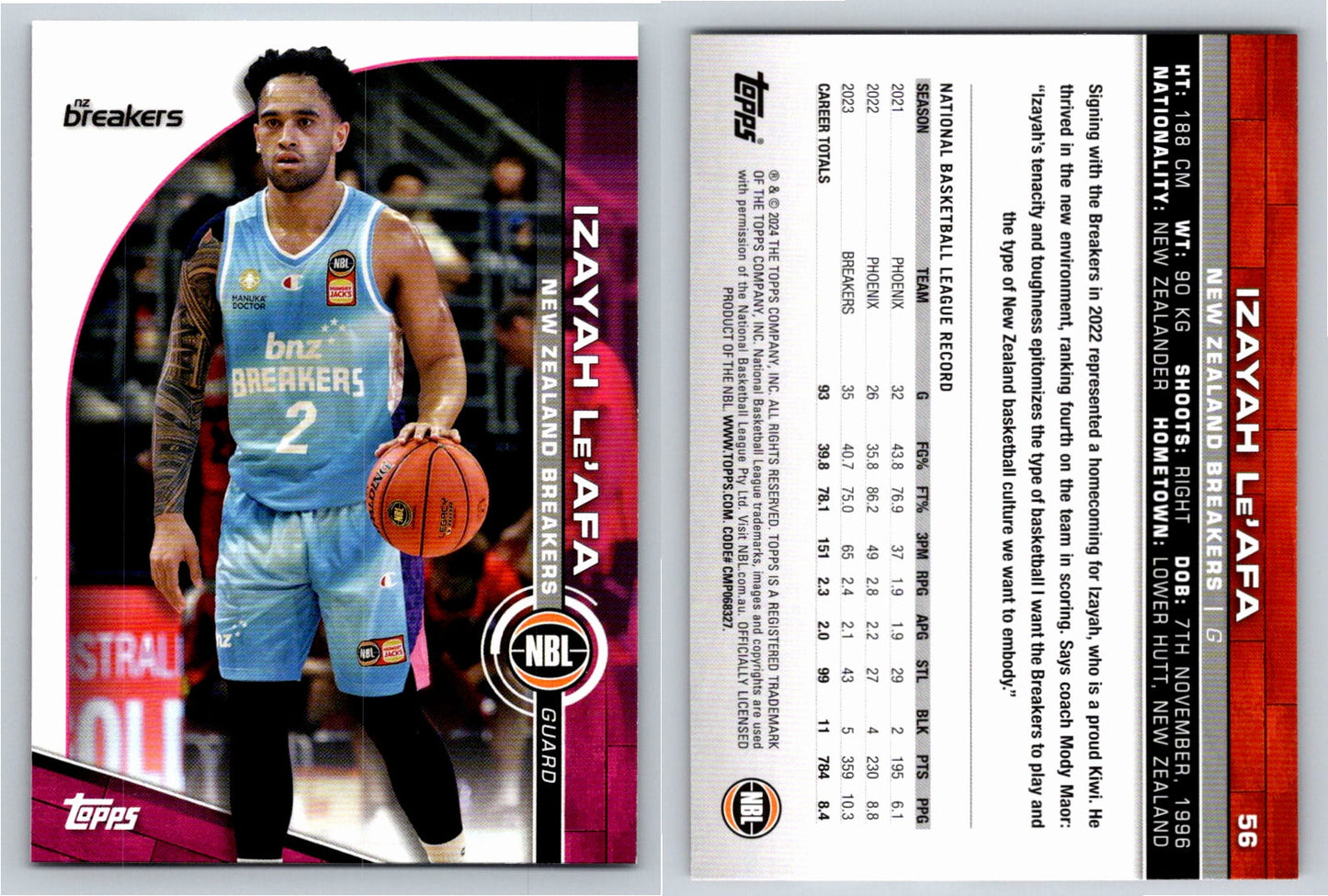 Card # 56 Izayah Le'Afa New Zealand Breakers NBL Topps 2023 2024
