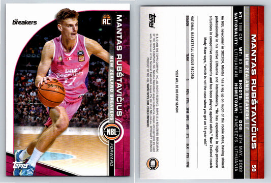 Card # 58 Mantas Rubštavicius New Zealand Breakers NBL Topps 2023 2024 Rookie