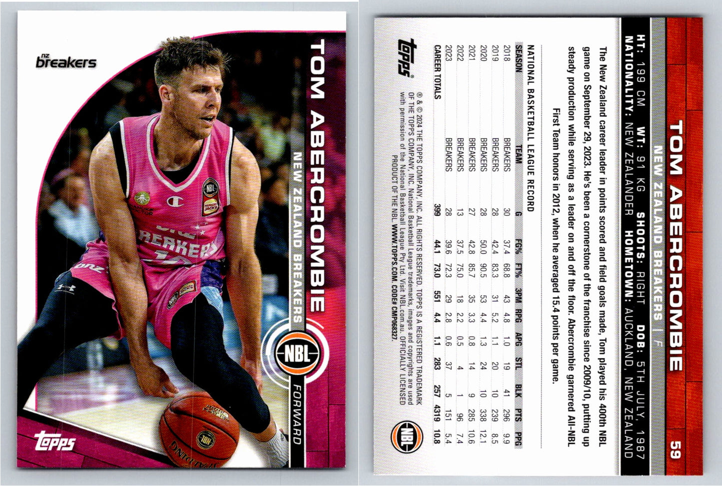 Card # 59 Tom Abercrombie New Zealand Breakers NBL Topps 2023 2024