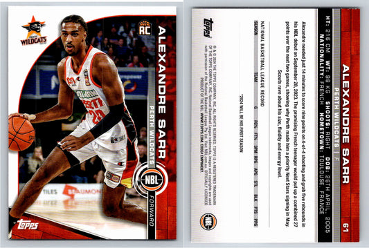 Card # 61 Alexandre Sarr Perth Wildcats NBL Topps 2023 2024 Rookie