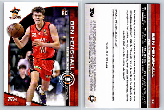 Card # 62 Ben Henshall Perth Wildcats NBL Topps 2023 2024 Rookie