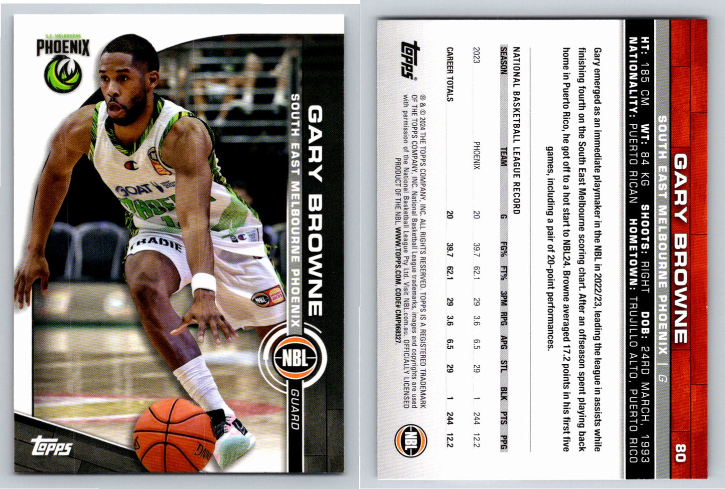 Card # 80 Gary Browne South East Melbourne Phoenix NBL Topps 2023 2024