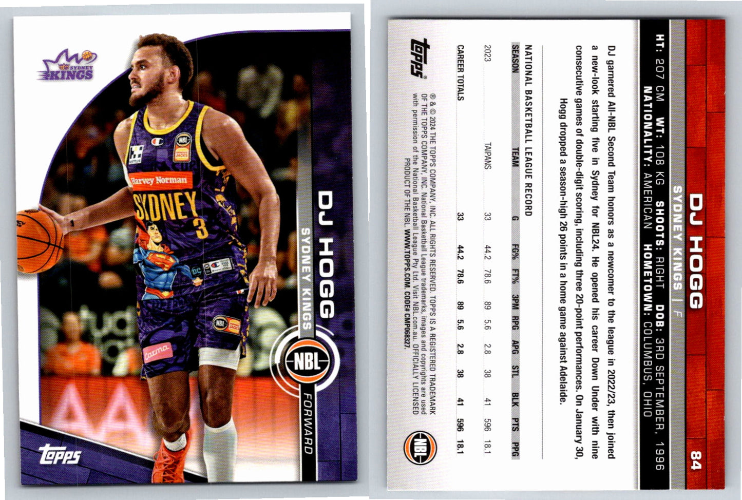 Card # 84 DJ Hogg Sydney Kings NBL Topps 2023 2024
