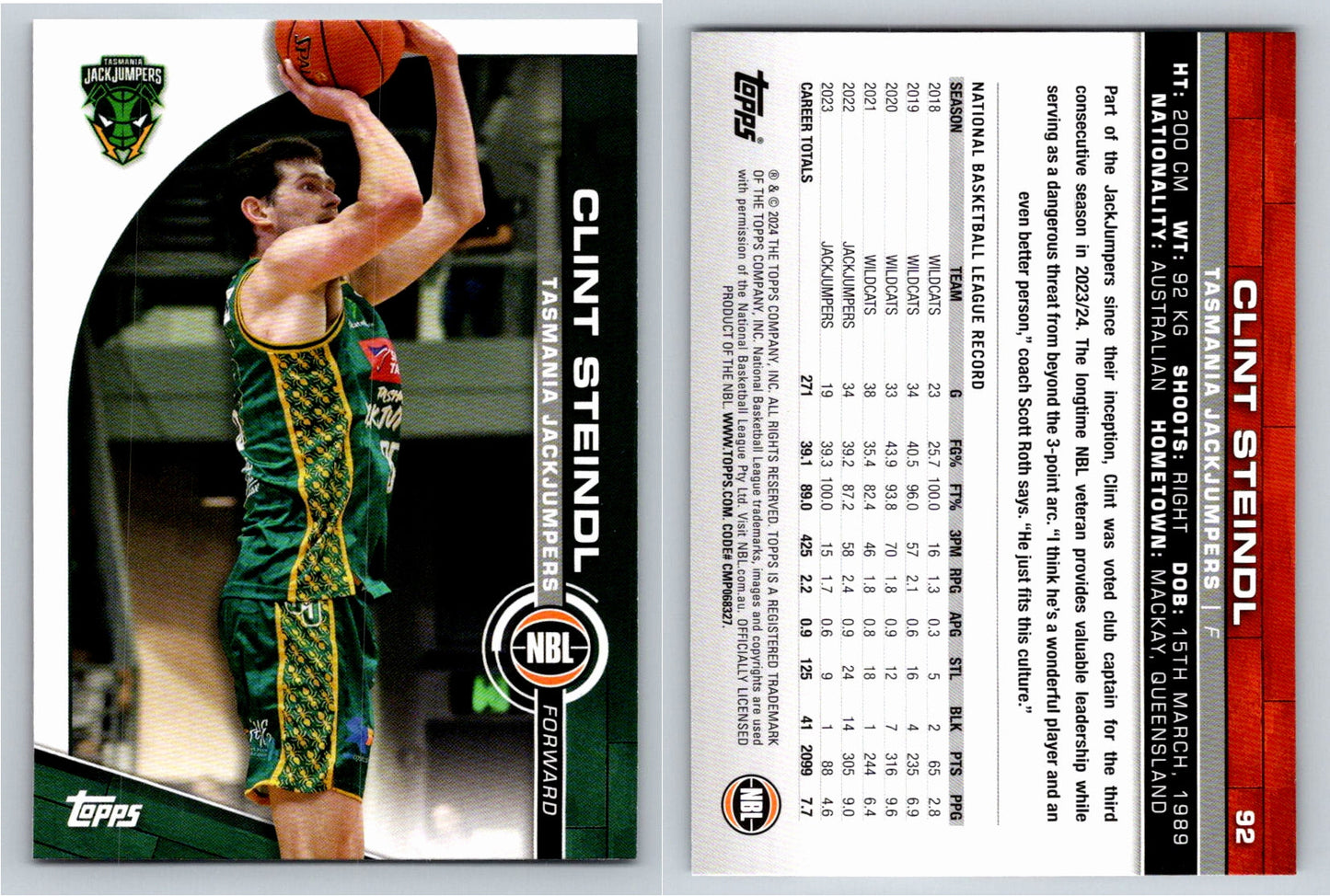 Card # 92 Clint Steindl Tasmania JackJumpers NBL Topps 2023 2024
