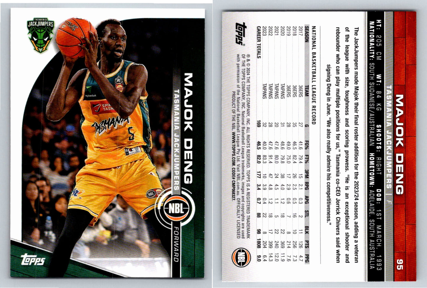 Card # 95 Majok Deng Tasmania JackJumpers NBL Topps 2023 2024