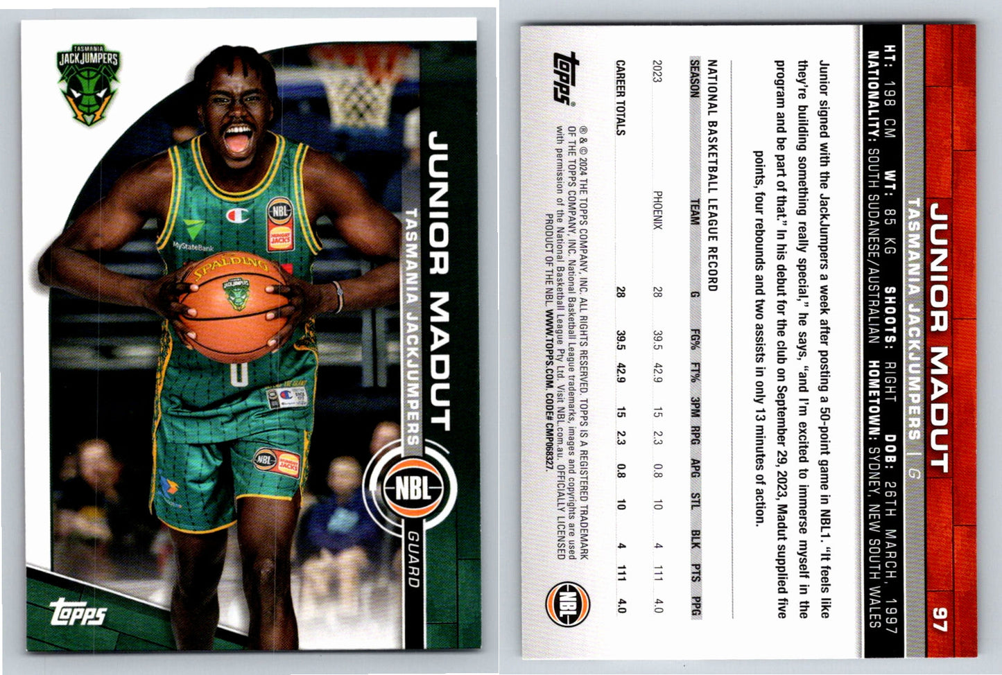 Card # 97 Junior Madut Tasmania JackJumpers NBL Topps 2023 2024