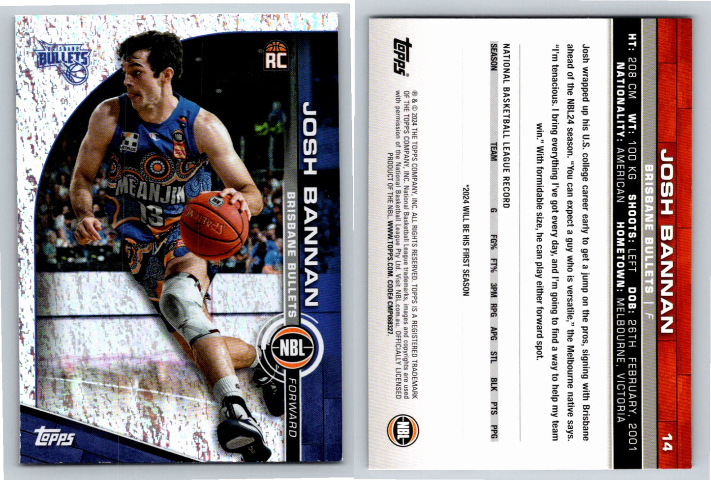 Card # 14 Josh Bannan Brisbane Bullets Opal NBL Topps 2023 2024