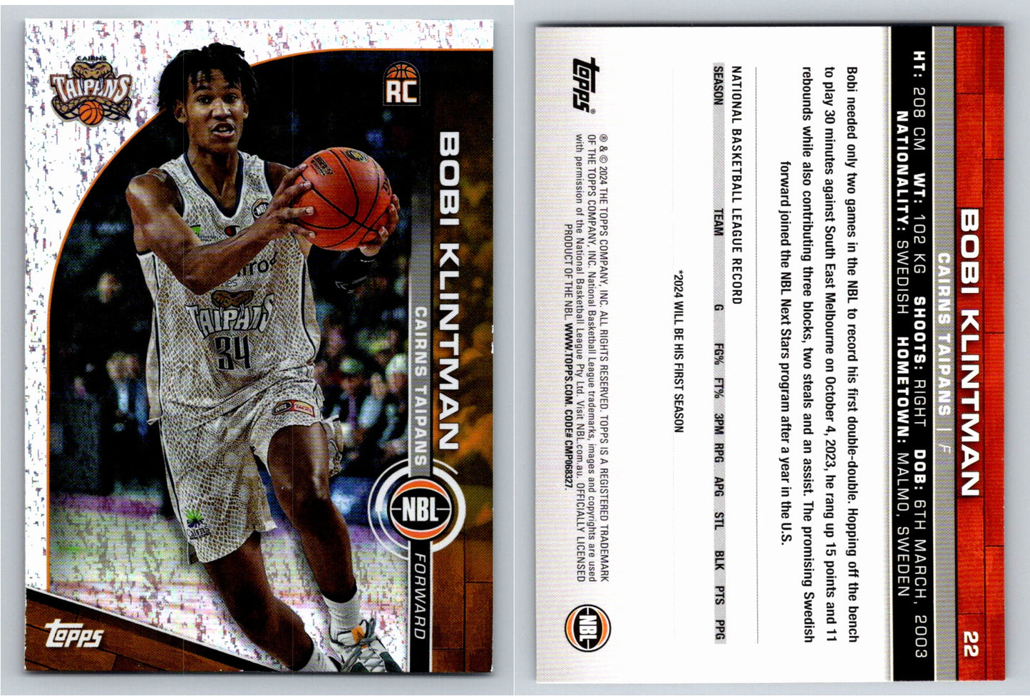 Card # 22 Bobi Klintman Cairns Taipans Opal NBL Topps 2023 2024