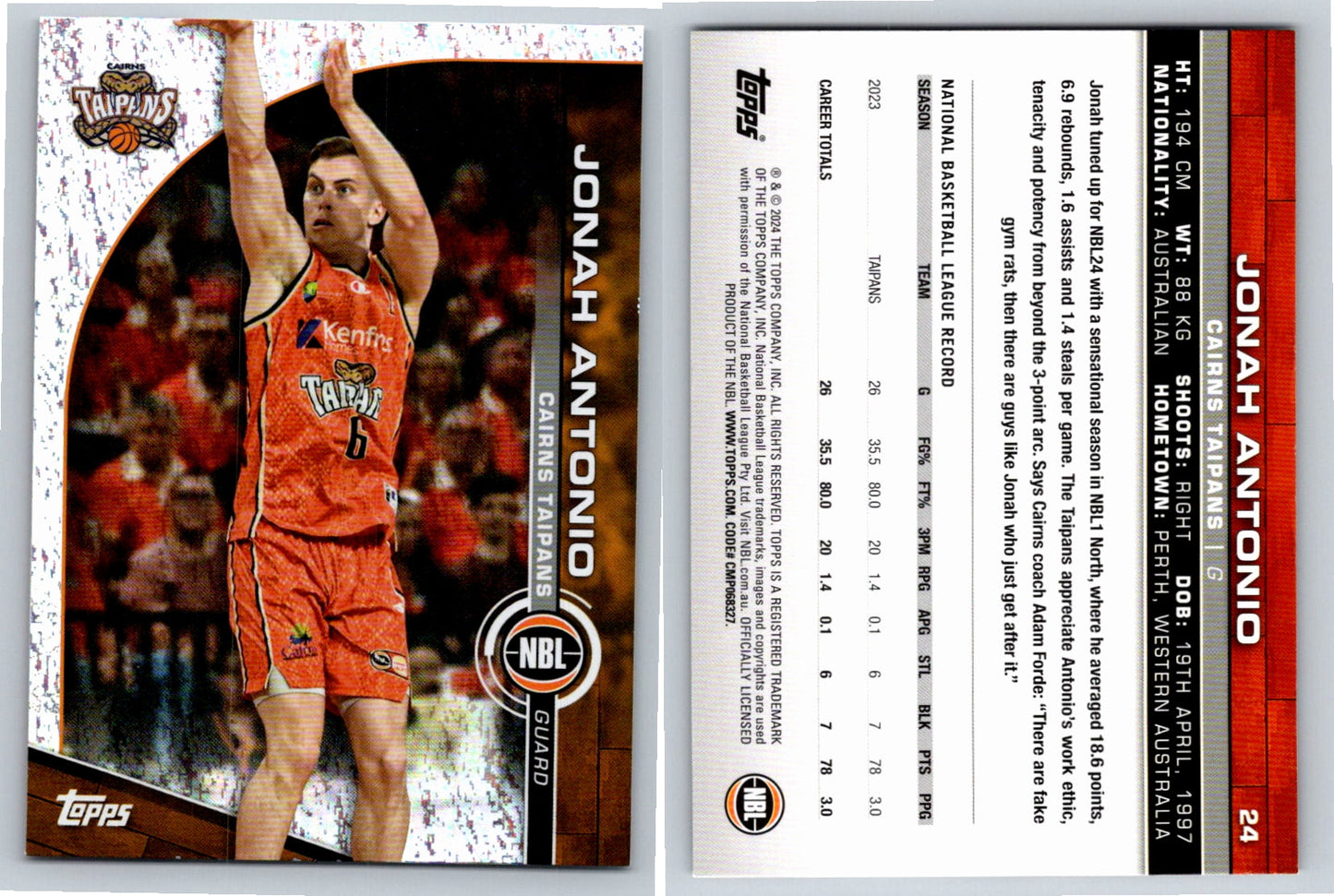 Card # 24 Jonah Antonio Cairns Taipans Opal NBL Topps 2023 2024