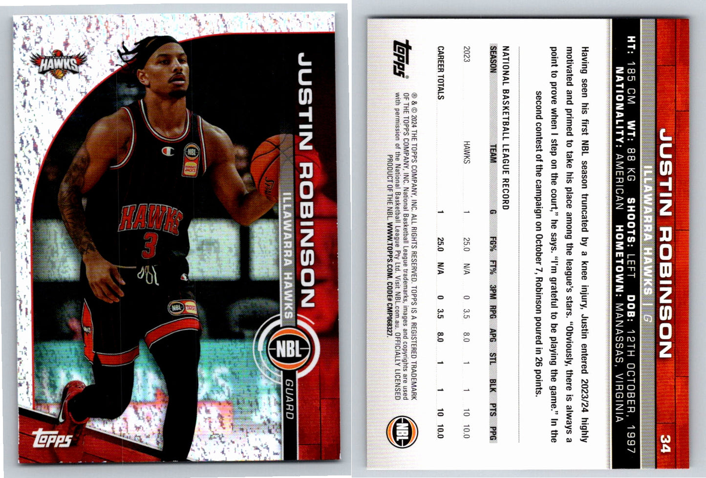 Card # 34 Justin Robinson Illawarra Hawks Opal NBL Topps 2023 2024