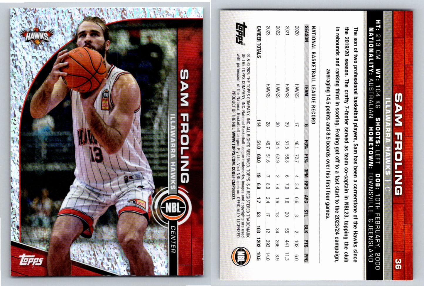 Card # 36 Sam Froling Illawarra Hawks Opal NBL Topps 2023 2024