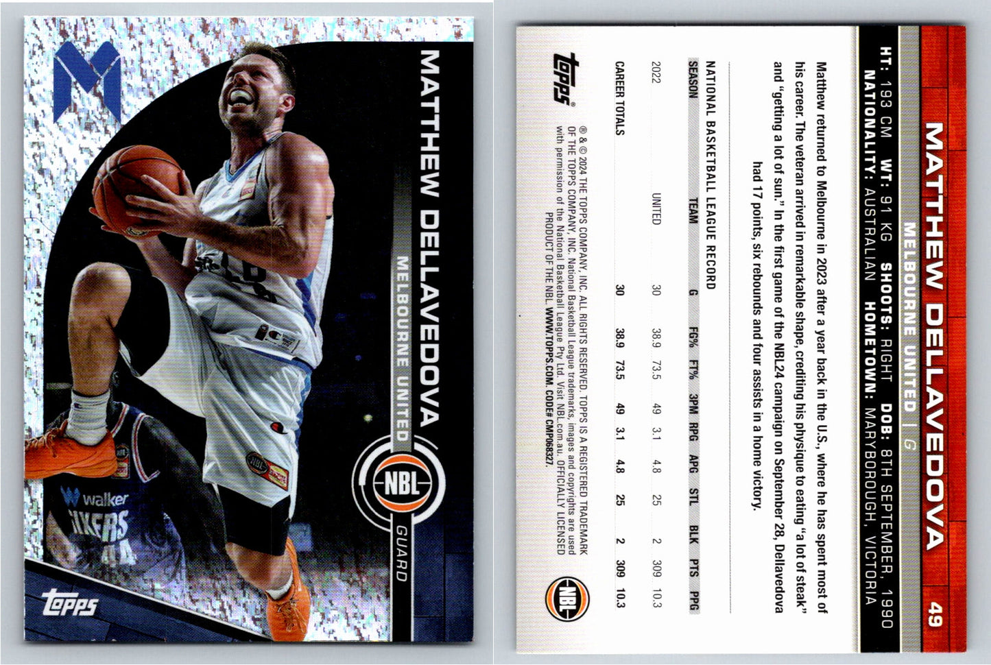 Card # 49 Matthew Dellavedova Melbourne United Opal NBL Topps 2023 2024