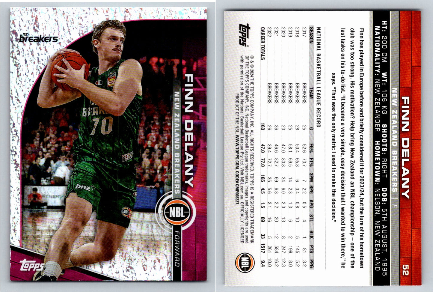 Card # 52 Finn Delany New Zealand Breakers Opal NBL Topps 2023 2024