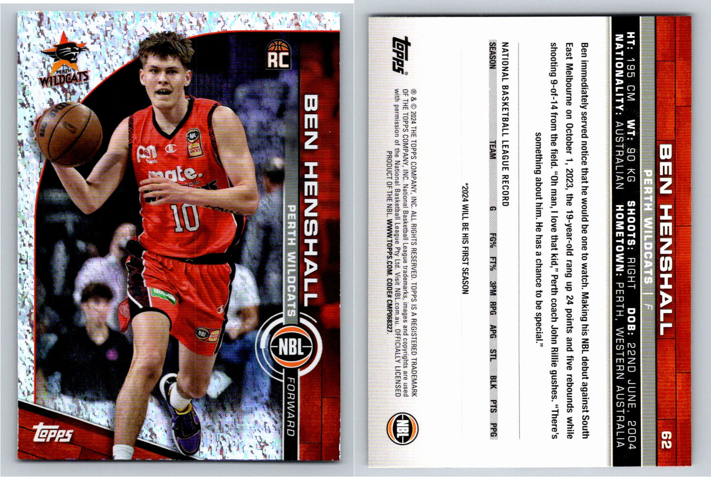 Card # 62 Ben Henshall Perth Wildcats Opal NBL Topps 2023 2024