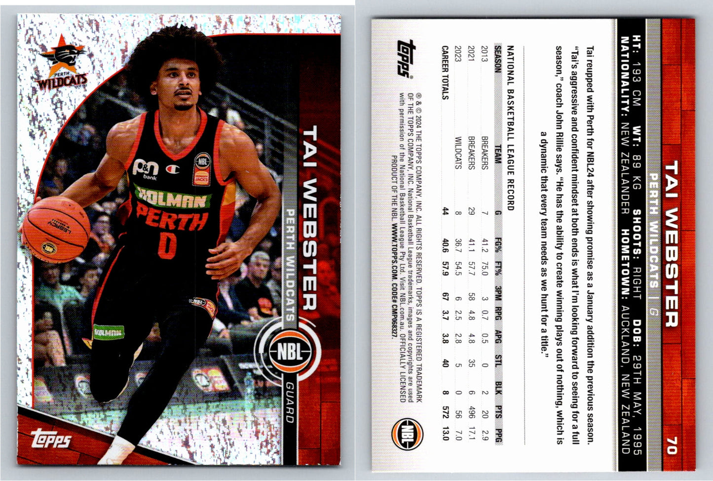 Card # 70 Tai Webster Perth Wildcats Opal NBL Topps 2023 2024