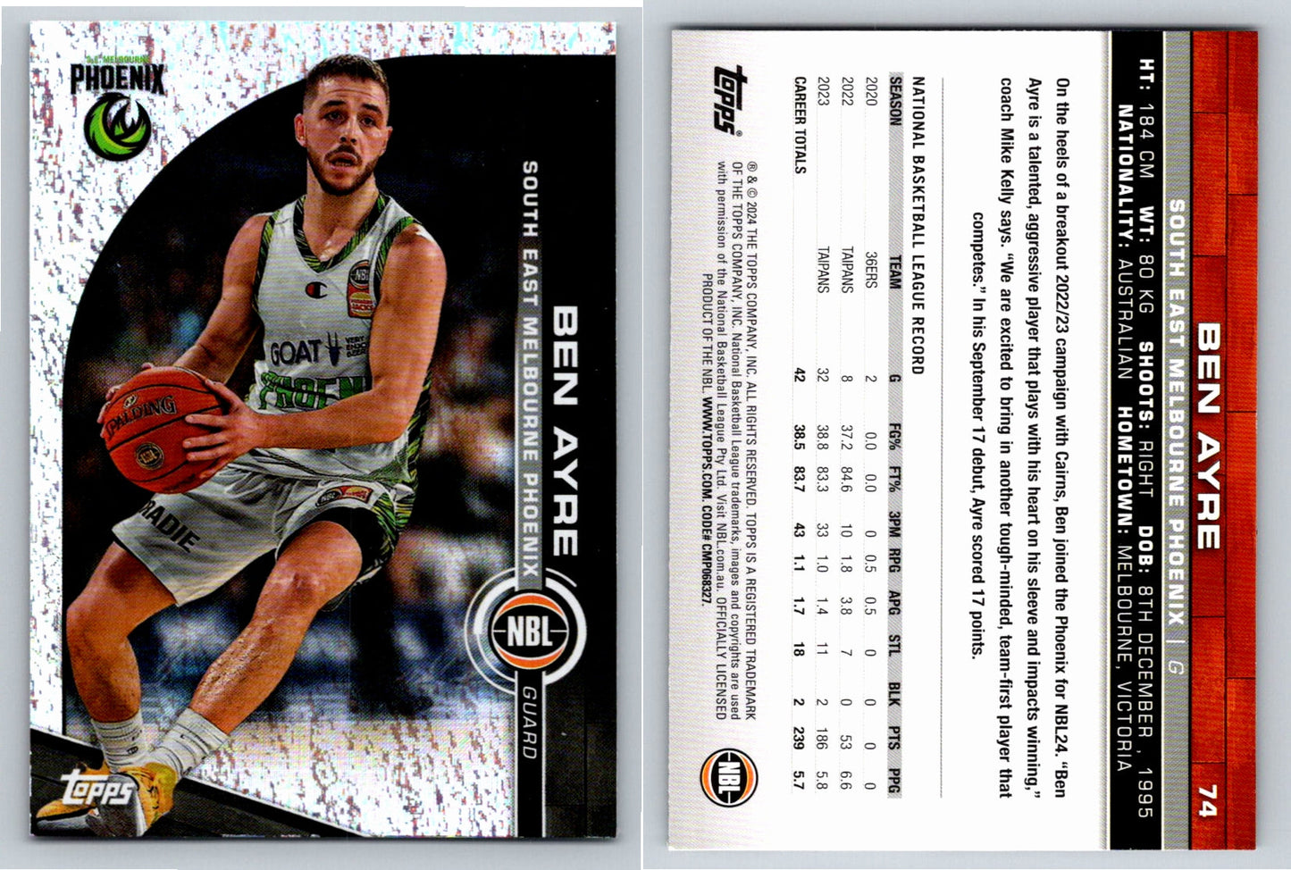 Card # 74 Ben Ayre South East Melbourne Phoenix Opal NBL Topps 2023 2024
