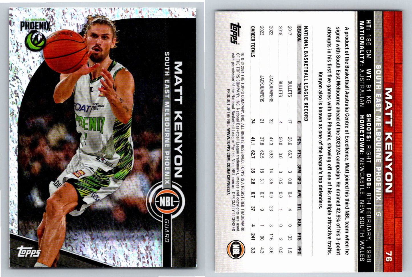 Card # 76 Matt Kenyon South East Melbourne Phoenix Opal NBL Topps 2023 2024