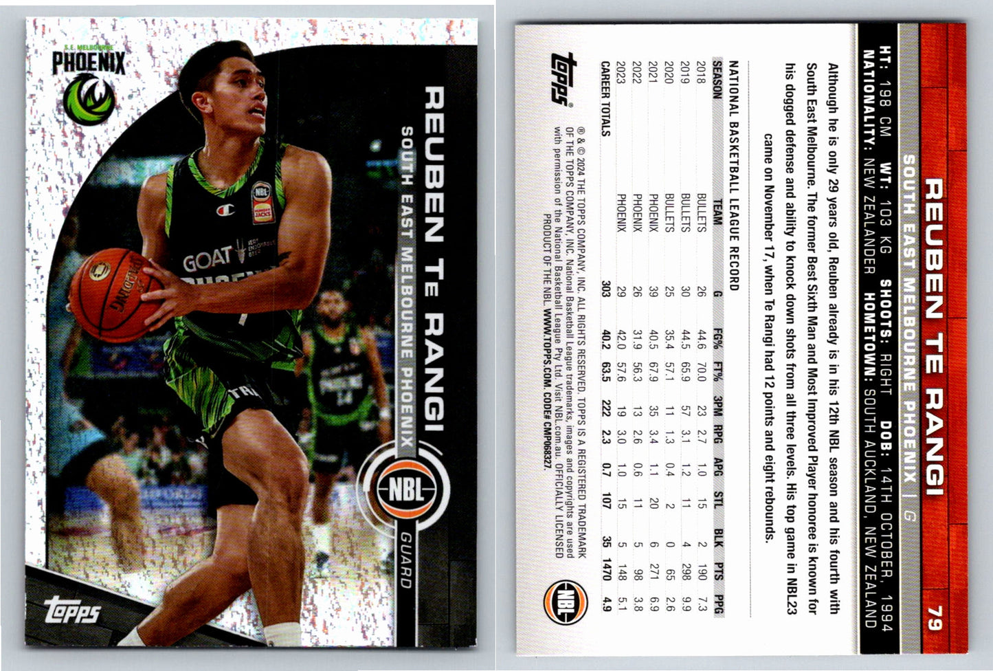 Card # 79 Reuben Te Rangi South East Melbourne Phoenix Opal NBL Topps 2023 2024